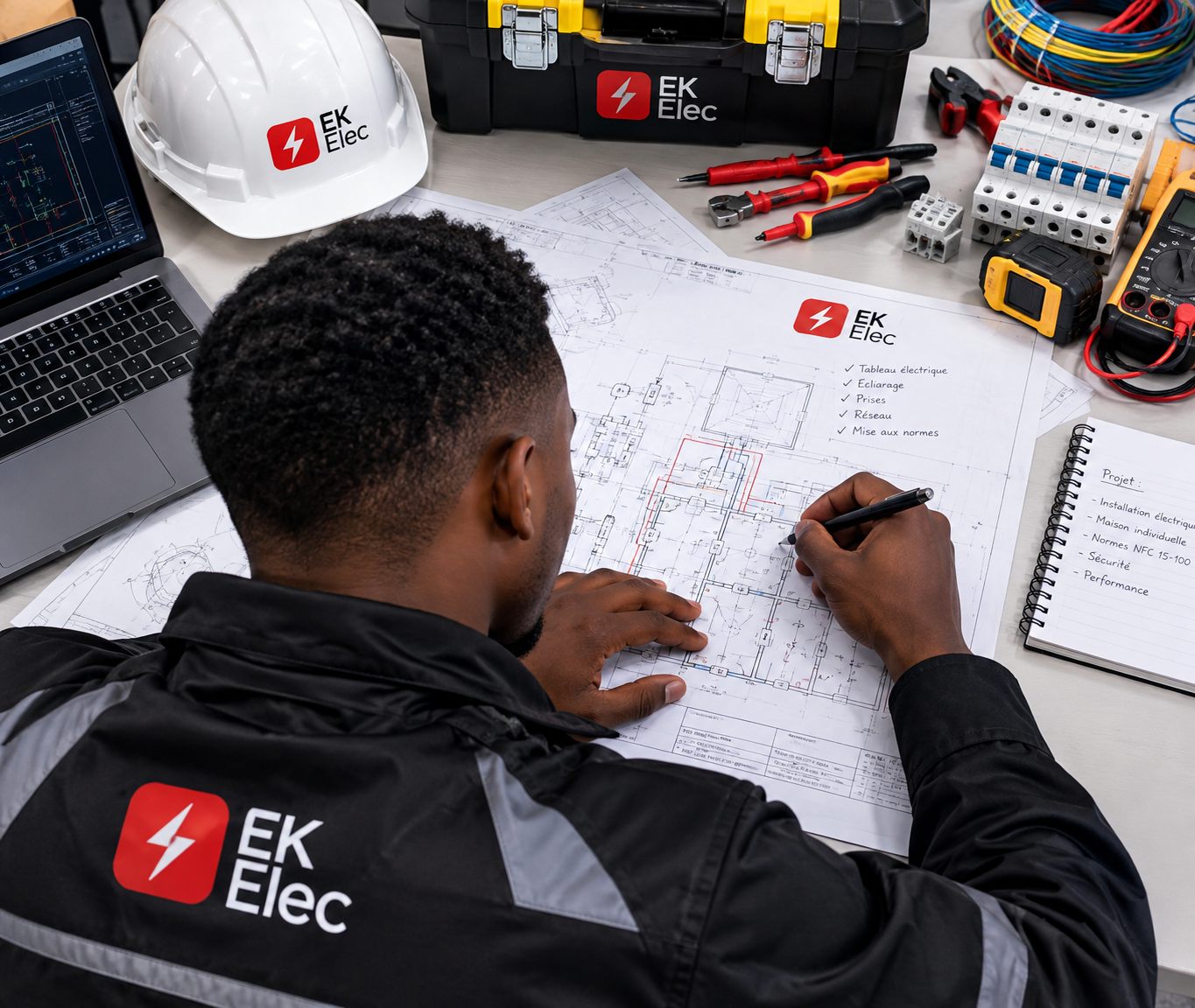 Électricien EK Elec étudiant le schéma électrique d'une maison